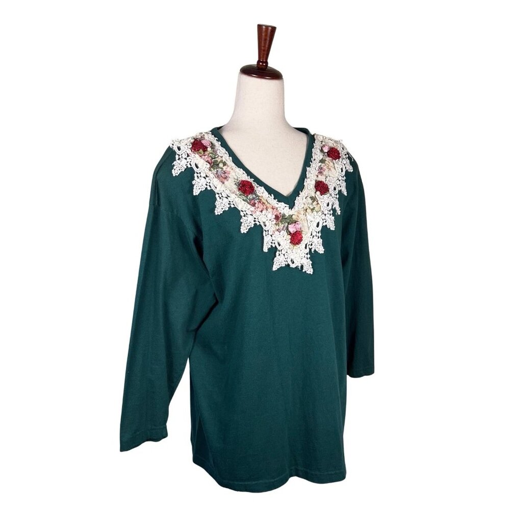 Basil Floral Rose Lace Applique Green Top Blouse One Size XL Coquette Rococo
